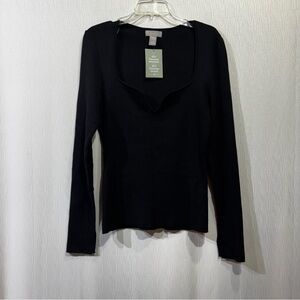 NWT H&M Women’s Ribbed Knit Black Long Sleeve Sweetheart Neckline Size XL New